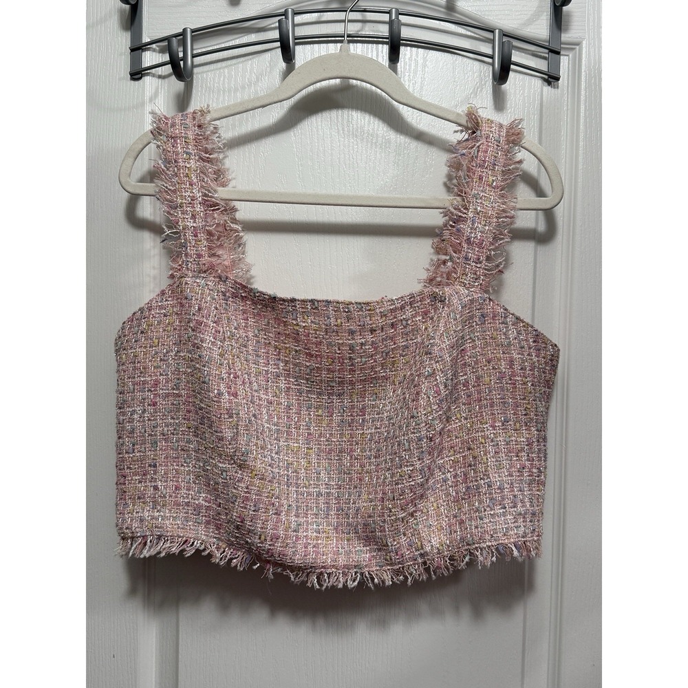 Eloquii Crop Top Womens 14 Pink Rainbow Confetti Tweed Raw Hem Corset NWT